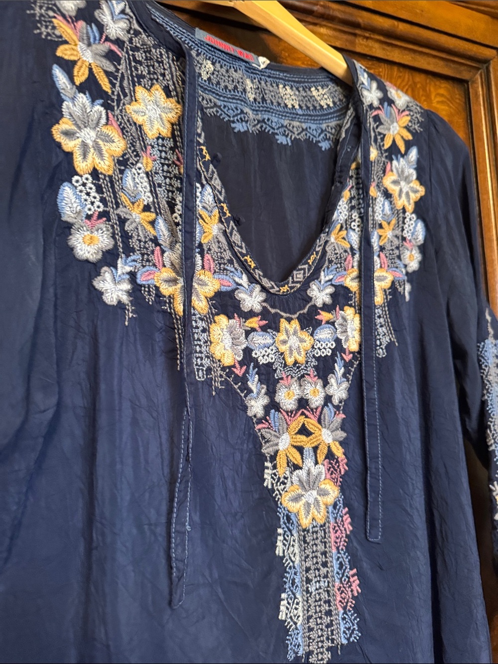 Johnny Was Navy Embroidered V-Neck Peasant Blouse - Picture 8 of 9